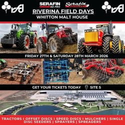 Riverina Field Days Whitton NSW showcasing Serafin Machinery and Serafin Ag Pro tractors, seeders, discs, sprayers and farming equipment, March 2026